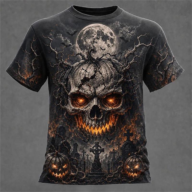 New Men's Crew-Neck T-Shirt Pumpkin Skeleton and Scarecrow Print Halloween Horror Casual Top Unisex Holiday Party Outfit