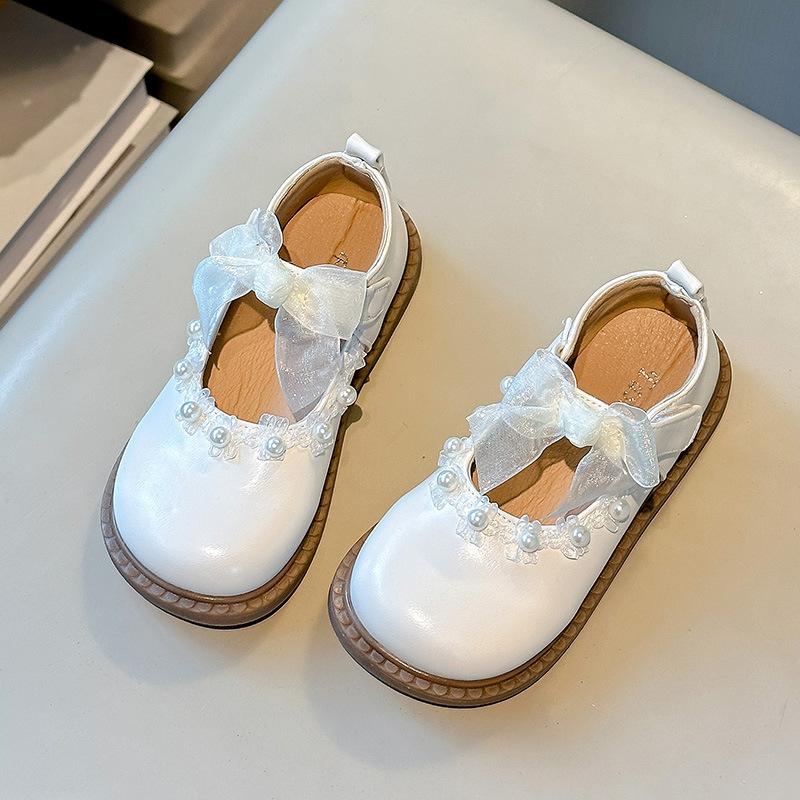 

Girls Princess Shoes Round Toes Mesh Lace Bows Kids Leather Shoes Non-slip Soft 025 New Girls Flat Shoes Elegant Sweet Flowers 26 бежевый