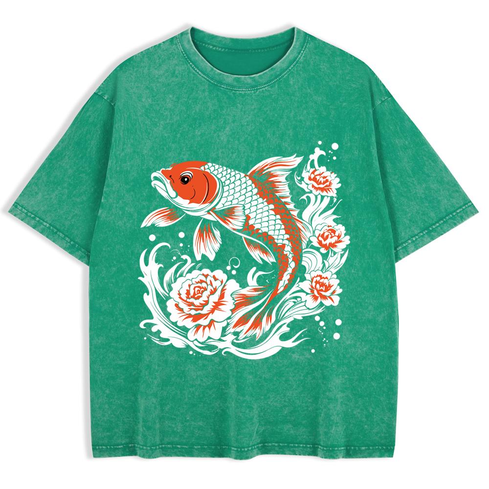 Japanese Koi Harajuku Printed Washed T-Shirts Mens Cotton Short Sleeve Tops Summer O-Neck Oversized T Shirt Clothes