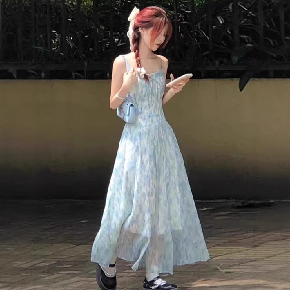Blue Suspender Floral Dress Women's Summer New High-end Tea Break Style French Temperament Long Dress