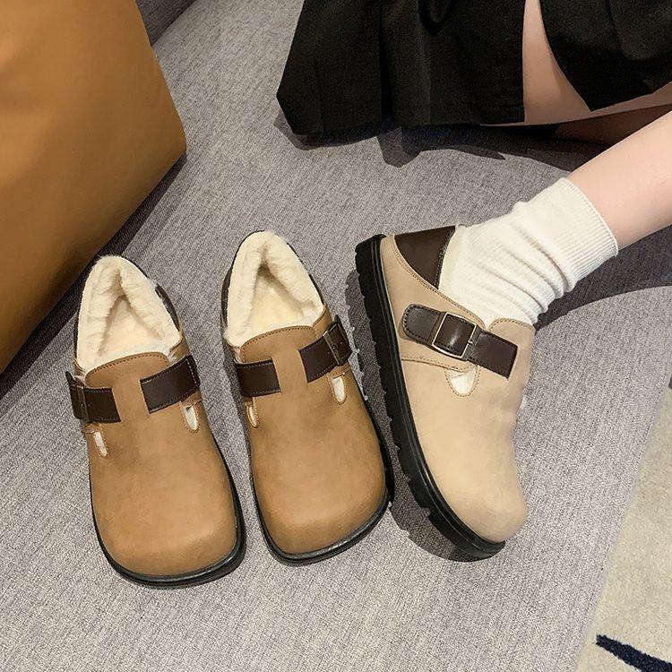 Fleece Boken shoes women's 2025 new autumn and winter women's shoes fleece retro one-pedal lazy single shoes fluffy shoes