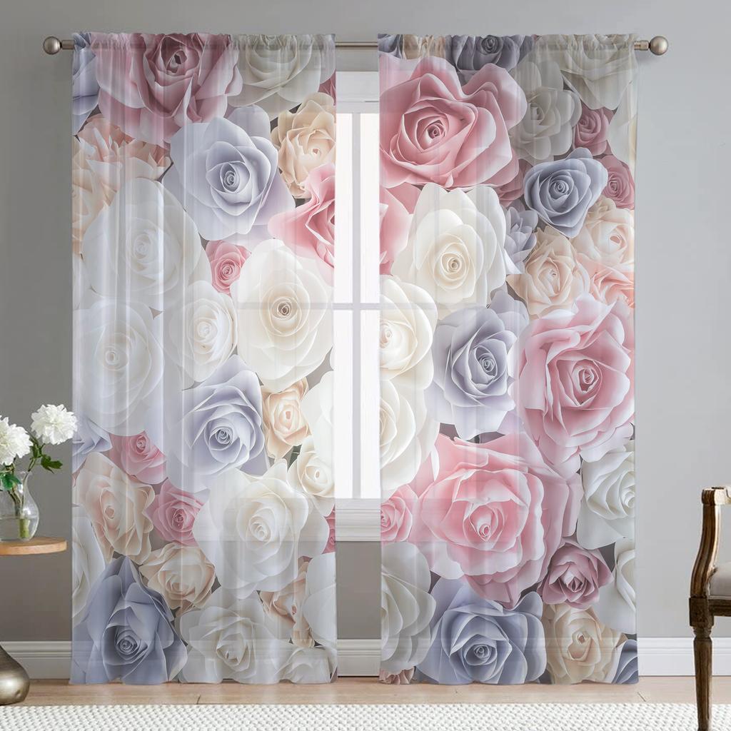 Romantyczna Różana Kwiatowa Żółte Kwiaty Przezroczysta Woalowa Zasłona do Salonu Domowej Kuchni Zielone Liście Motyl Okienna Tiulowa Zasłona