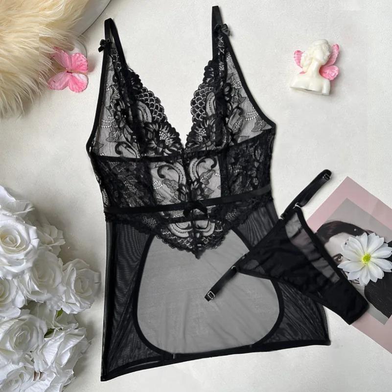 Womens S Sexy Lingerie Sets Lace Embroidery See Through Erotic Underwear Sexy Seductive Babydolls Clubwear Sheer Dress Thongs