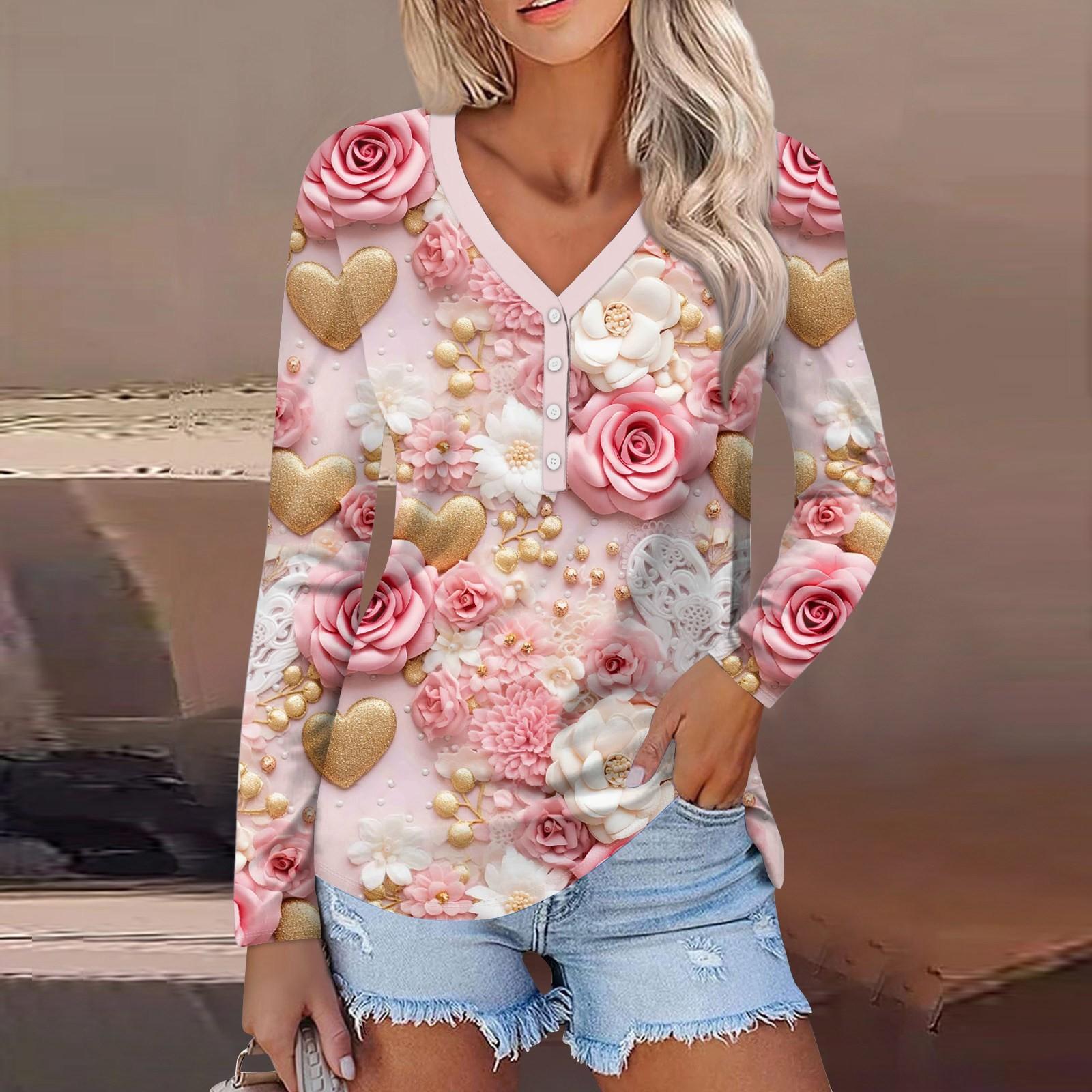 

Женский модный повседневный топ с длинным рукавом и V-образным вырезом на пуговицах ко Дню святого Валентина с принтом в виде сердца L бежевый