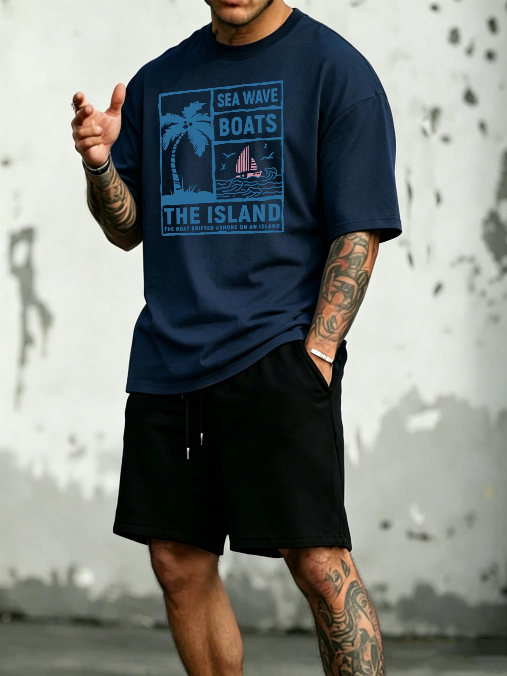 Sea Wave Coconut Tree Boats Print Cotton Summer Breathable Men Sportswear Suit Classic Pocket Bottom Street All-Match Shorts S разноцветный