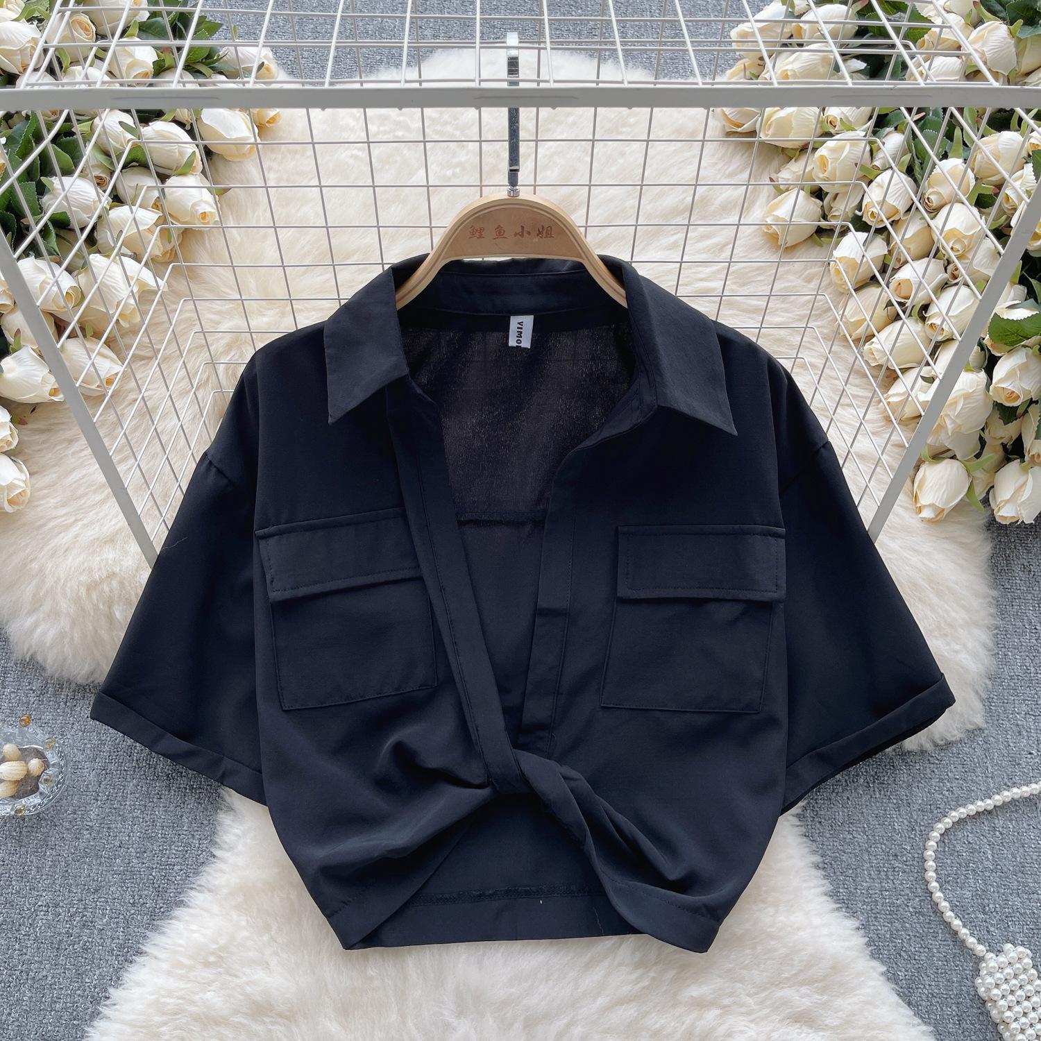 

Женская милая крутая рубашка с коротким рукавом в стиле «горячая красотка», летняя рубашка с V-образным вырезом, скрученная, абсолютная красота, топ без воротника One size чёрный