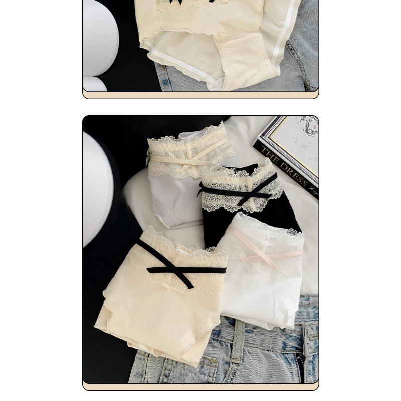 Women Sweet French Style Lace Solid Antibacterial Mid Waist Cotton Panties