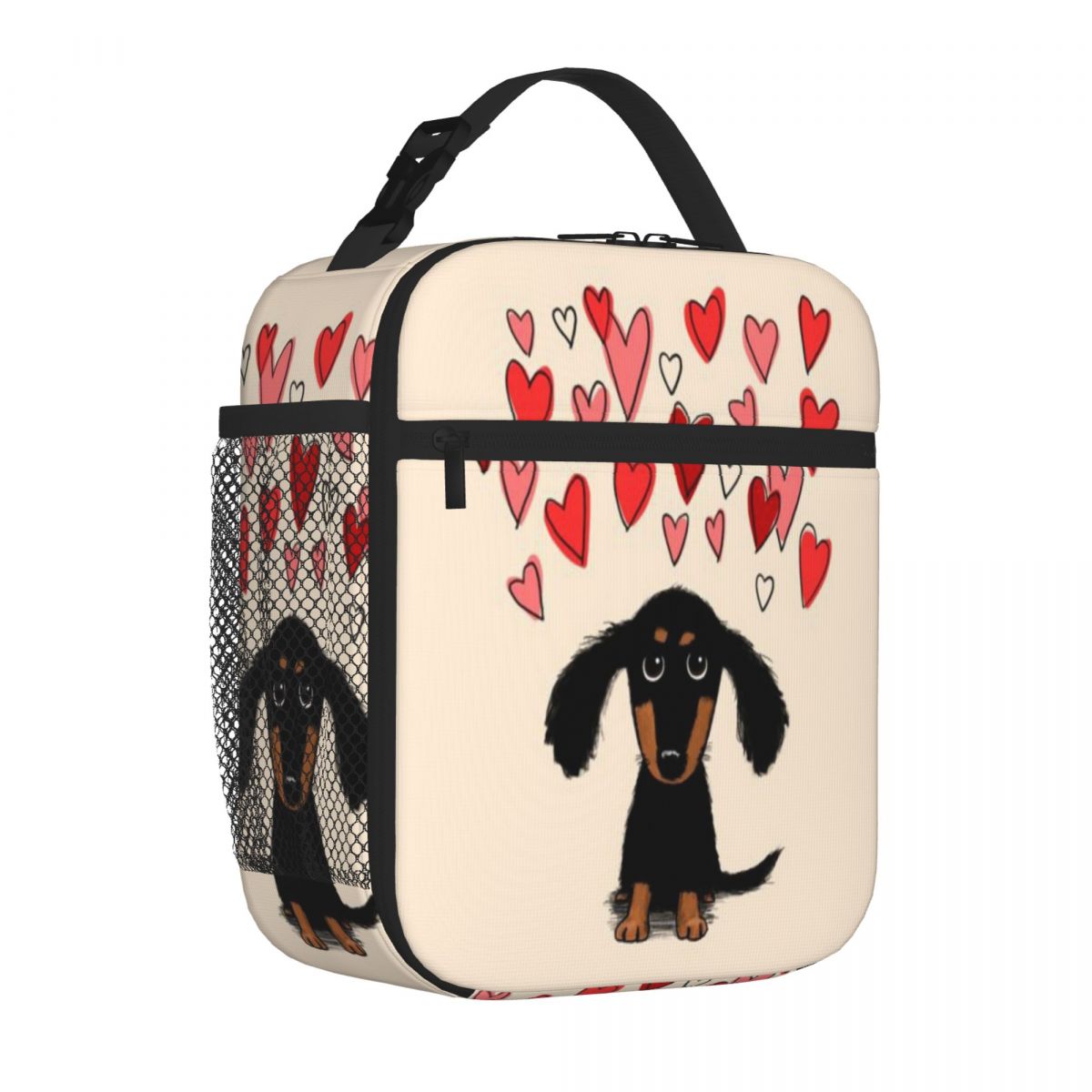 Bestselling Cute Dachshund Puppy Dog With Valentine Hearts Denim Style Cooler Lunch Bag Wilderness Camping Snack Bag One Size