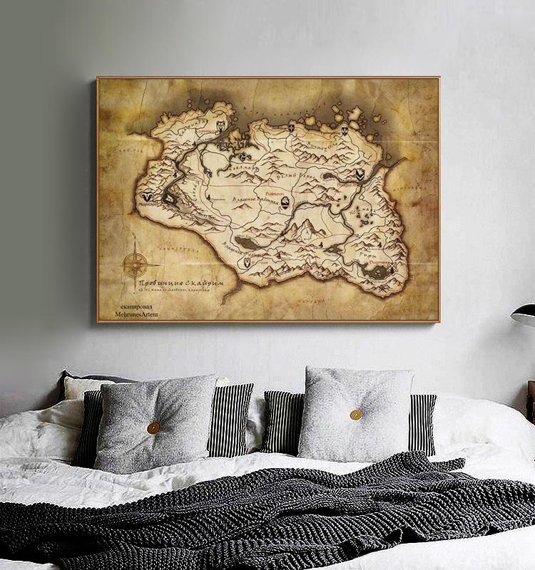 Nástěnné umění Mapa Skyrimu Hra Elder Scrolls Vintage plakáty a tisky Plátno pro obývací pokoj Domácí dekorace hogar moderno Bez rámu