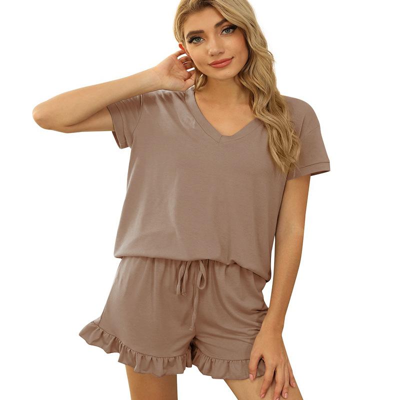 Sommer pyjamas for kvinner Hjem Todelt Uformell shorts med snøring Kortermet pyjamas