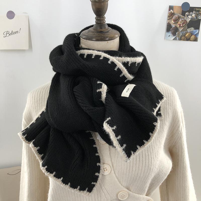 College Style Dark Gray Woolen Scarf for Women Winter Black Knitted Christmas Red Student Couple Warm Thick Scarf
