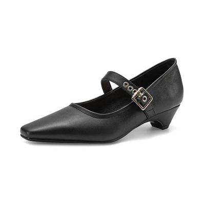 Krazing Pot Microfiber Square Toe Thick Med Heels Spring Summer Shoes Big Size 43 Metal Buckle Women Shallow Pumps