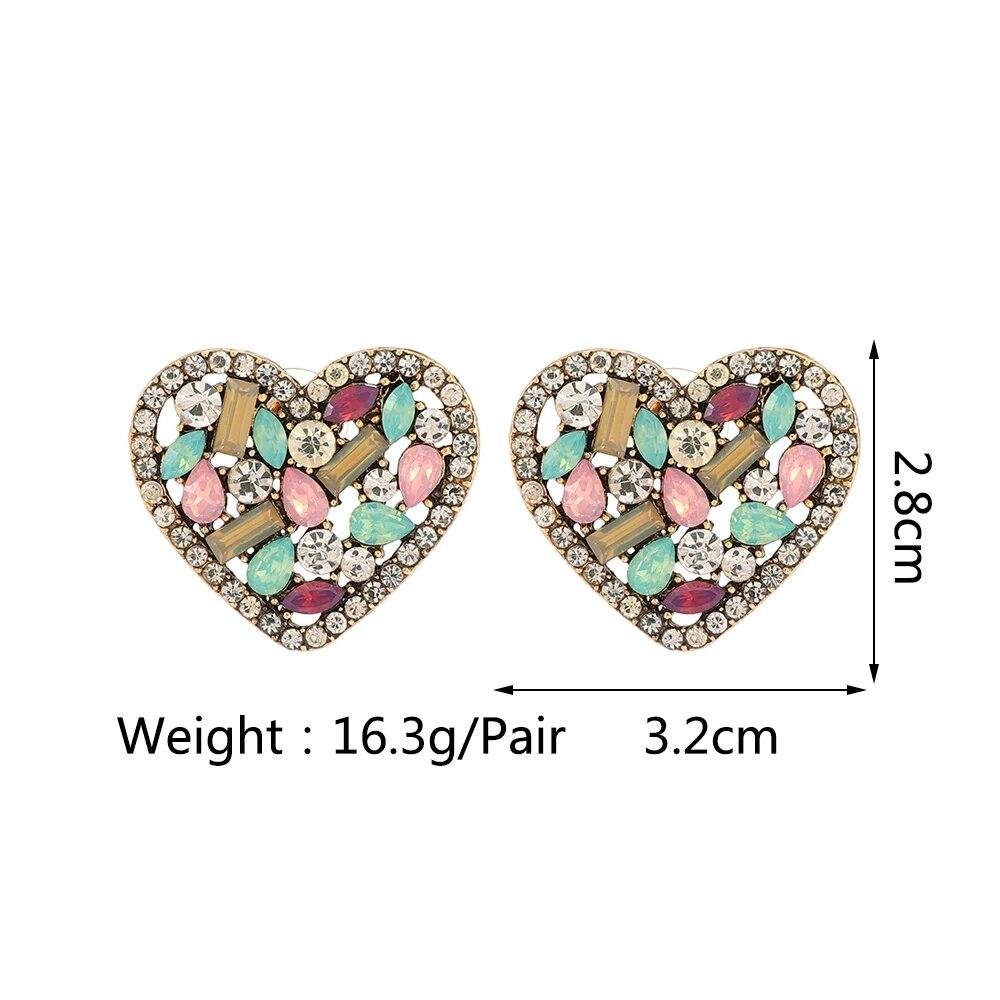 Korean Fashion Heart Metal Hollow Stud Earrings For Women Girl Luxury Bling Color Crystal Party Jewelry Aesthetic Accessories