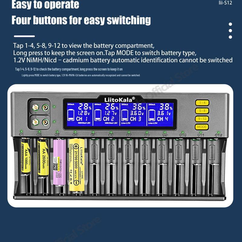LiitoKala Lii-S12 12-Slot Battery Charger for 18650/21700/9V Batteries
