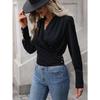 Women's Black Long-sleeved Crossover V-neck Top, Cuff Button Design Is Fashionable and Versatile