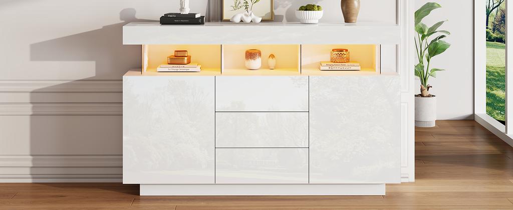 140 x 35 x 80 cm Modernes Hochglanz Acryl Sideboard mit 16-farbigem LED-Streifen, Kaffeebar, Geeignet für Esszimmer, Küche, Flur (Weiß)