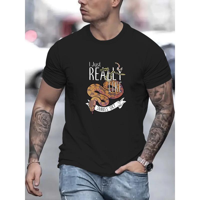 

[Comfort Fit Outdoor Leisurewear] Snake Print Men s Casual Crew Neck T-Shirt, Fashionable Short Sleeve Tees, Comfort Fit Top, Leisurewear 4XL