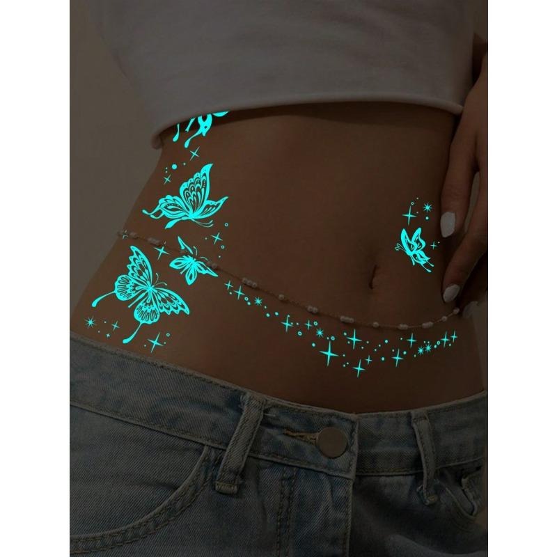 1 Sheets Luminous Glow In The Dark Body Art Temporary Tattoo Stickers, Moon Butterfly Botanical Pattern, Waterproof Fake Tattoo Sticker