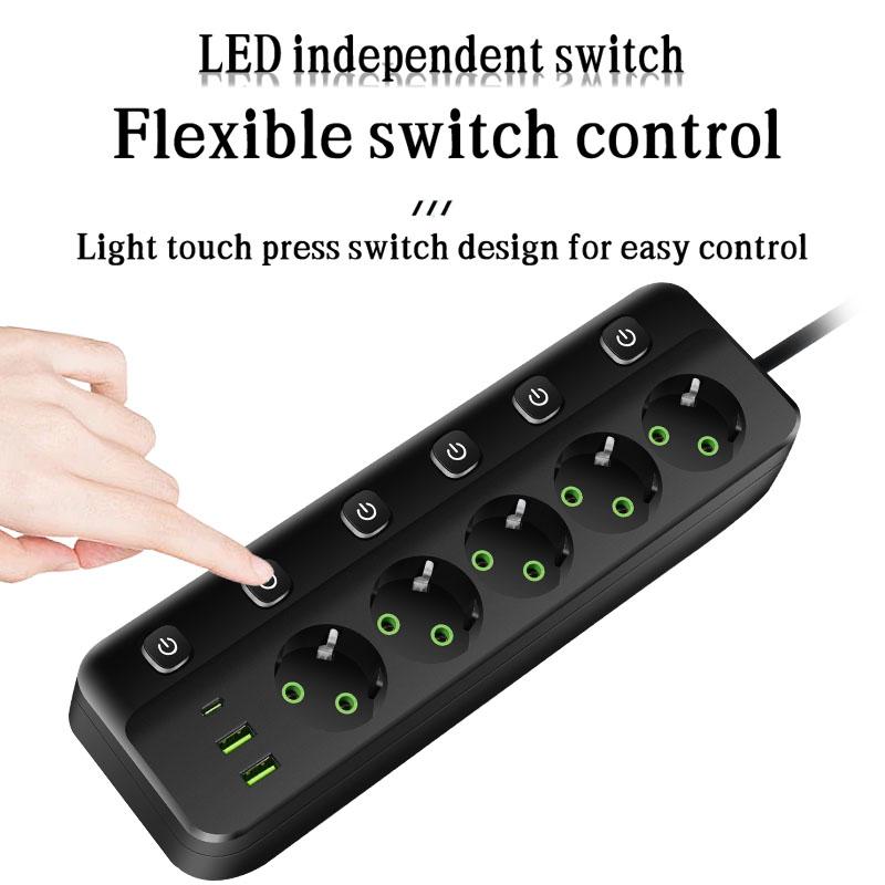 EU Plug Electrical Socket 3/5 AC Outlets+2 USB+1Type C 8-in-1 Adapter Multitap Fast Charging Power Strip With 2M Extension Cord