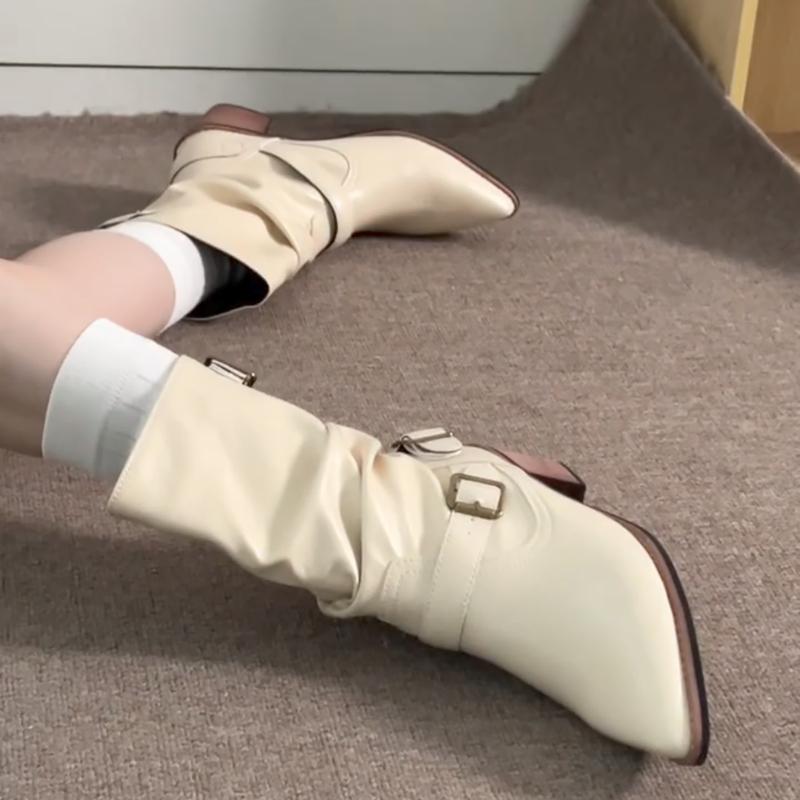 Fashion Autumn Winter Vintage Thick Heel Women Western Cowboy Boots Slip On Belt Buckle Shoes Ladies Mid Calf Botas Zapatos De Mujer