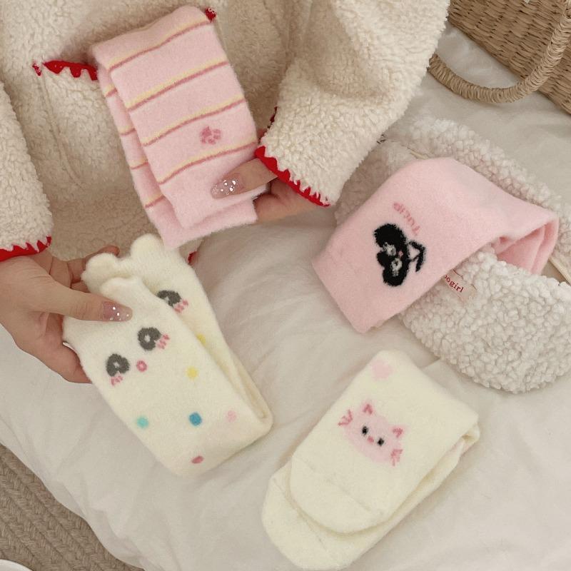 Winter Fleece Thickened Socks - Soft and Warm Mid-calf Socks in Pink, Cute Cartoon Design, Australian Wool Fluffy Socks