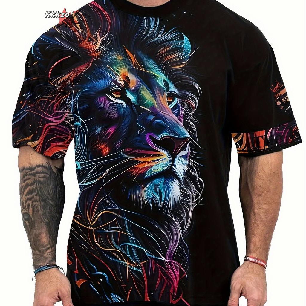 Bella T-shirt da uomo a maniche corte con scollo rotondo, stampa 3D con leone, moda casual da strada, taglia grande, T-shirt sportiva