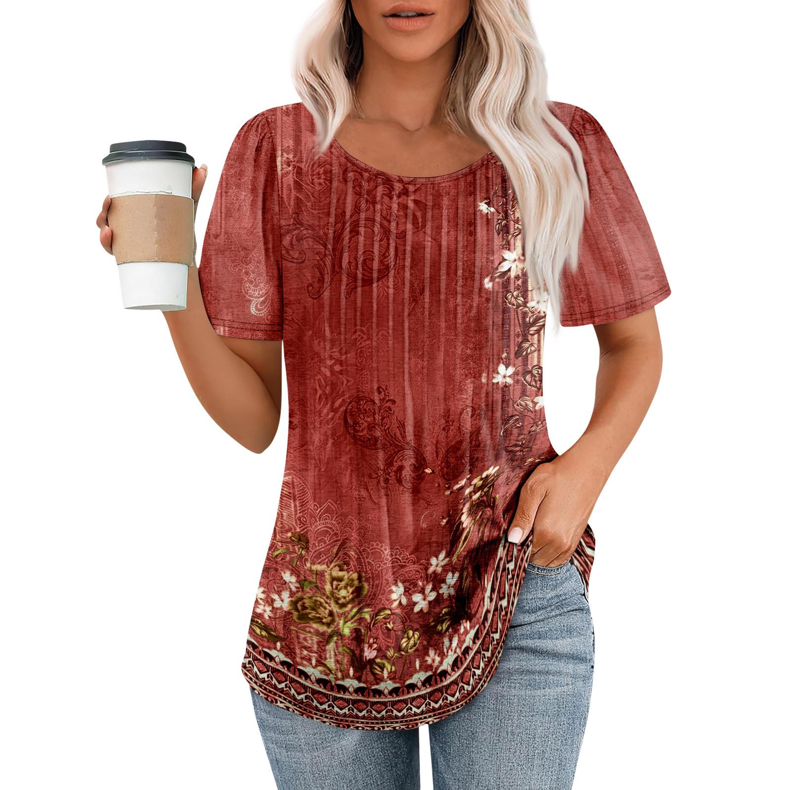 Women s Fashion Printed Casual Pleated Round Short Sleeve T-Shirt Top L винный