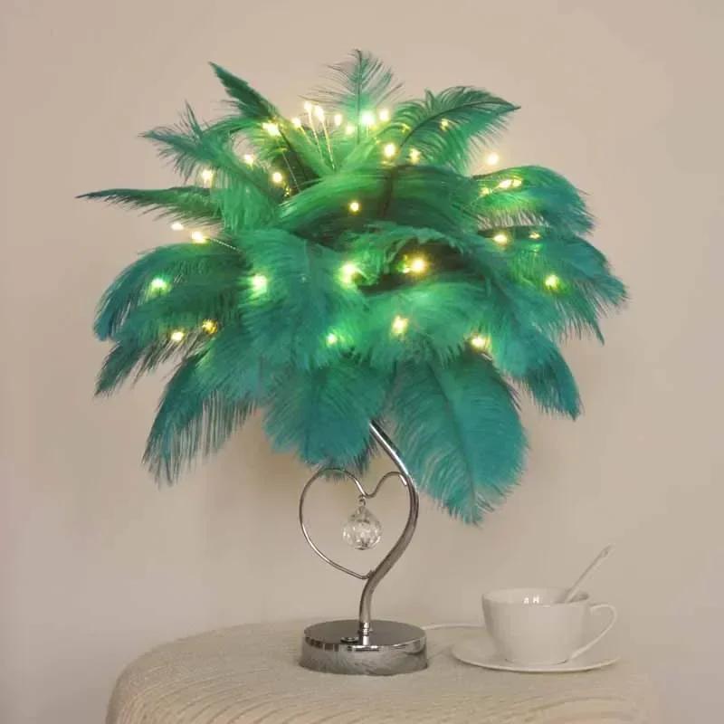 

AZ Girls bedroom bedside lamp warm and romantic creative small table lamp feather lamp wedding birthday gift. зелений