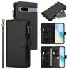 For Google Pixel 7a Leather Case 9 Card Slots Zipper Wallet Stand Phone Cover with Wrist Strap