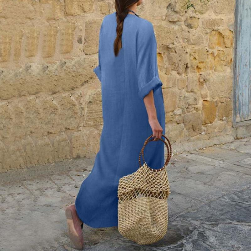 Women V Neck Linen Maxi Kaftan Dress 3/4 Roll Sleeve Loose Oversized Solid Color Casual Beach Vacation Long Tunic Dress