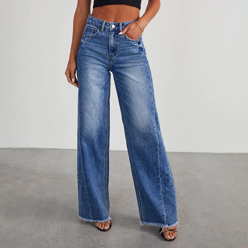 2024 Women s Water-Washed Blue Stretch Wide-Leg Denim Pants L
