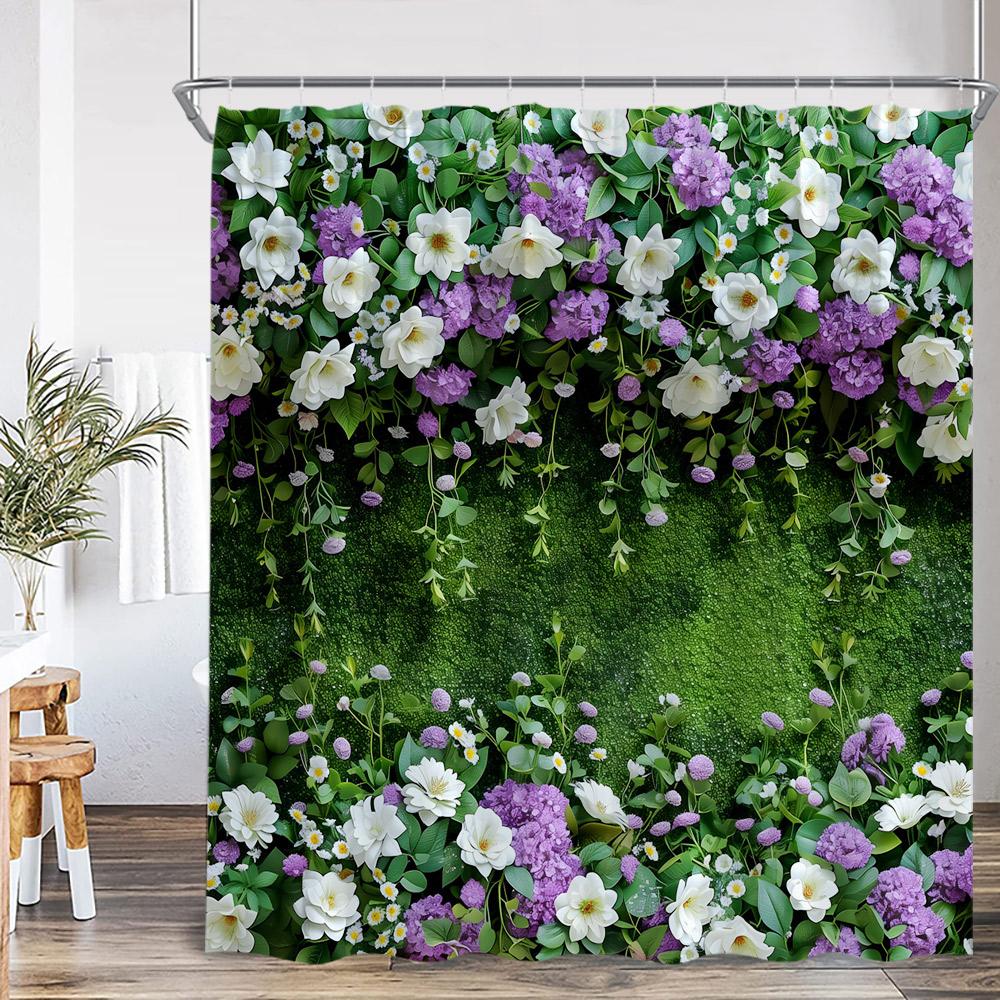 Green Vine Gray Wall Shower Curtain Green Leaf Plant White Purple Flower Nature Bathroom Decor Polyester Fabric Bath Curtain