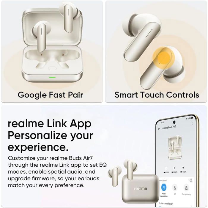 Realme Buds Air 7 Ecouteurs sans Fil Casque Bluetooth sans Fil 5.4 avec Hi-Res Stéréo Écouteurs 52dB Casque Anti Bruit IP55 Or