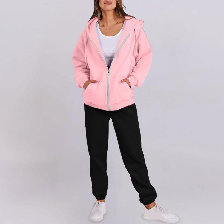 Dames Trainingspak Set Met Capuchon Lange Mouwen Effen Kleur Rits Elastische Taille Losse Mode