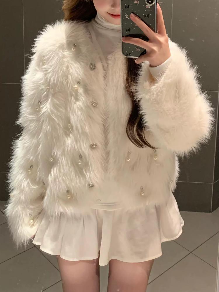 White Elegant Heavy Industry Beaded Cardigan Women Retro Soft Glutinous Knitted Sweater Jacket Autumn Winter New Mink Casual Coat
