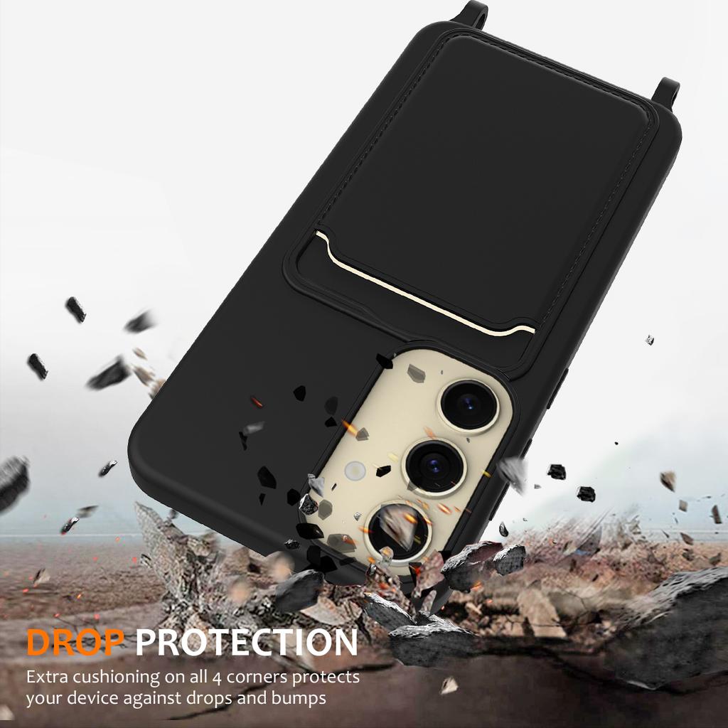 For Samsung Galaxy A55 5G Case Liquid Silicone Card Holder Back Phone Cover with Adjustable Lanyard