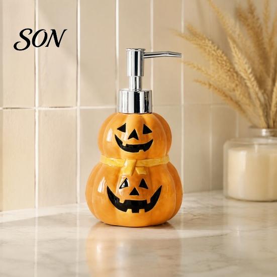 Ceramic Soap Pump Bottle Halloween Ghost Dispenser, with Stainless Steel Pump, Pumpkin Refillable Holiday Theme Dispenser Liquid Hand Container, Empty