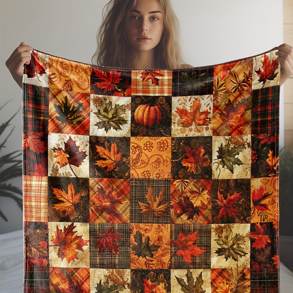 1 Stück Vintage Herbst Kürbis und Ahornblatt Karodruck, Ganzjahresleichte Nickdecke für Sofa, Bett, Büro, Auto, Camping, Reise