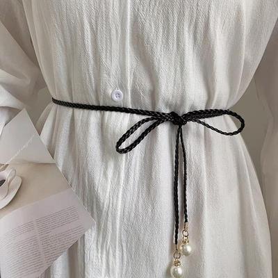 Elegante geflochtene Leder-Perlen-Gürtel für Damen, langer Hanfseil-Knoten-Taillengürtel, böhmischer Sommer-Tour-Dekor-Hüftgürtel