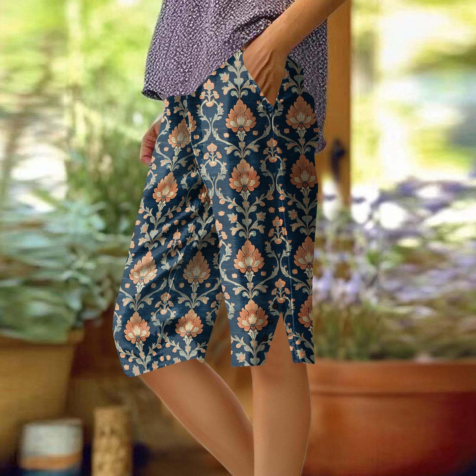 Women s Printing Pants Fashionable Pocket Elastic Waist Casual Shorts L