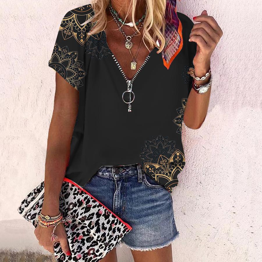 Women's Top Summer New Fashion Rose Flower Sunflower Pattern Printed Casual Zipper V-neck Short Sleeve Top
