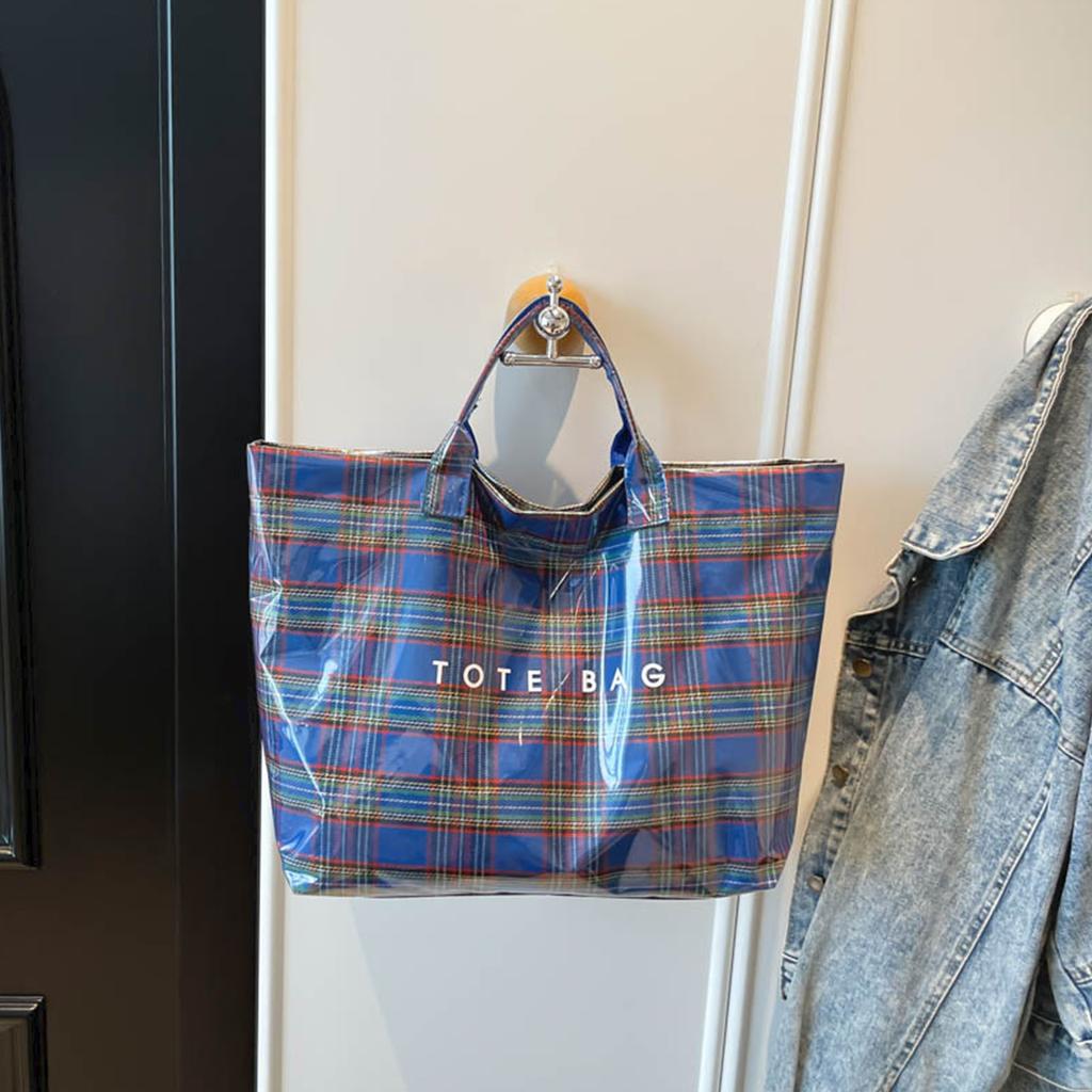 PVC Tote Bag Plaid Work Handbags Purses Large Shoulder Handbag Plastic Carry All Bag for Women Work Travel Fashion Shopping Bag