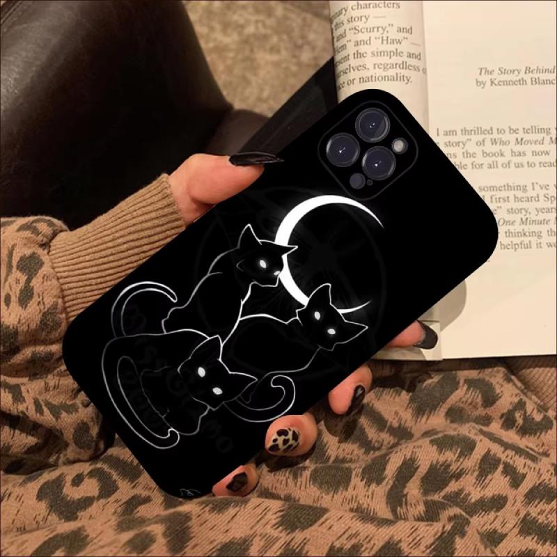 Cartoon Black Cat Line Phone Case For iPhone 15 11 12 14 13 Pro Max Mini XSM XR SE 7 8 Plus Cute Kitten Mobile Phone Cover Funda
