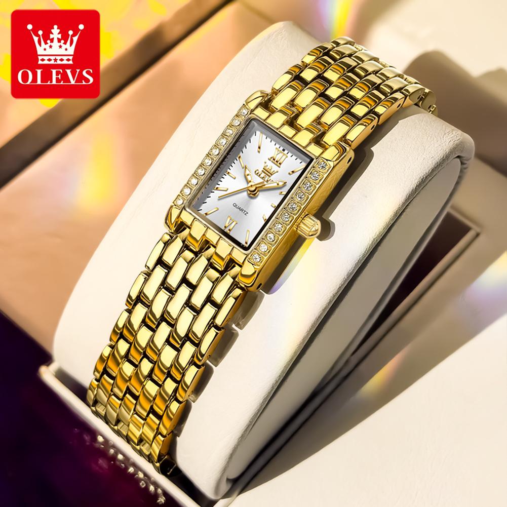 OLEVS Fashion Women's Watches Rectangular Dial Gold Stainless Steel Strap Quartz Watch Luxury Diamond Watch