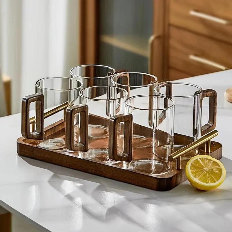 High Borosilicate Glass Tea Cup with Walnut Wood Handle High Temperature Resistance Whiskey Glass Large Capacity Tea Making Cup