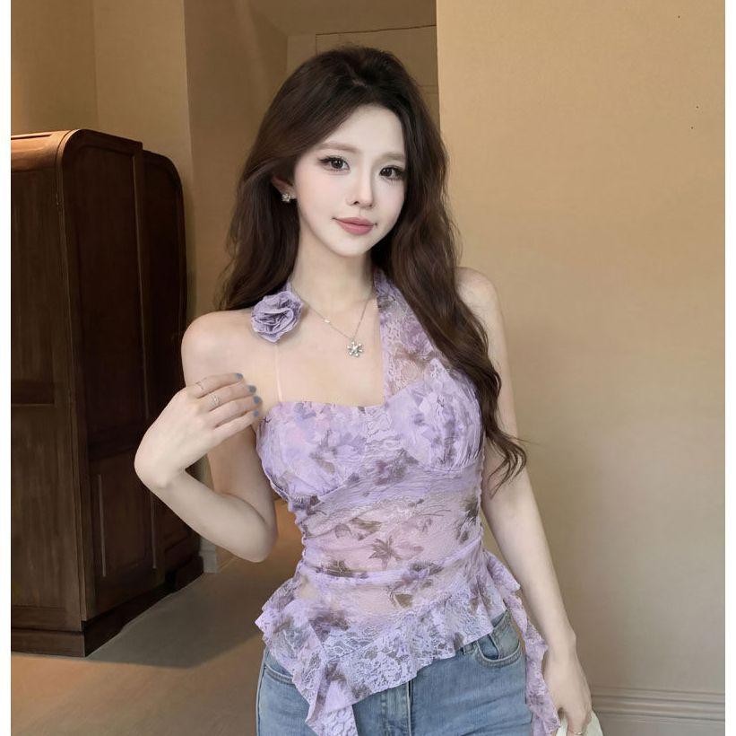 Irregular Three-dimensional Flower Halter Neck Vest Women's Summer Sleeveless Outer Wear Spice Girl Sexy Slim Purple Top
