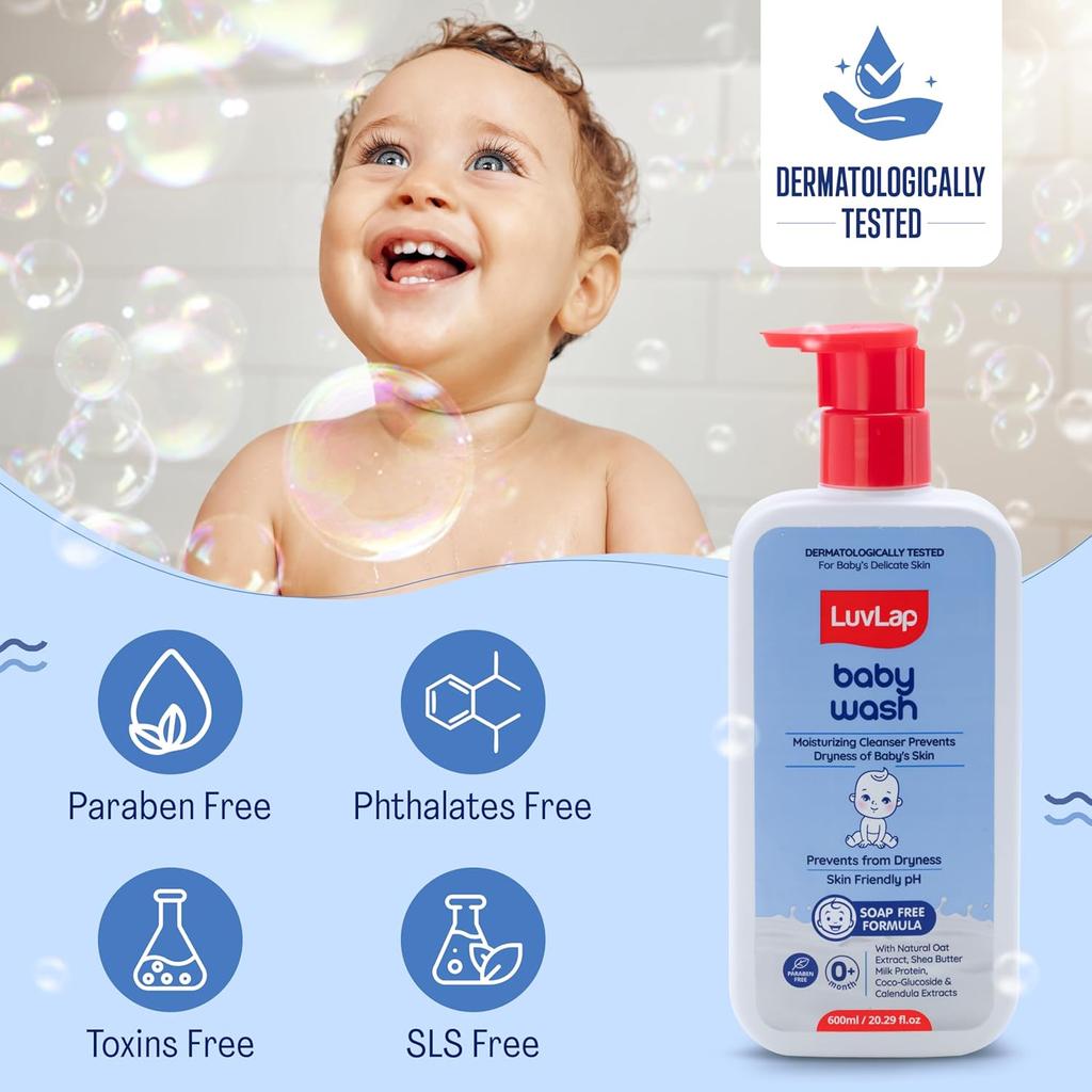 LuvLap Baby Wash with Milk Protein, Shea Butter & Vitamin E - Gentle Soap-Free Moisturizing Daily Bath Care - 850g