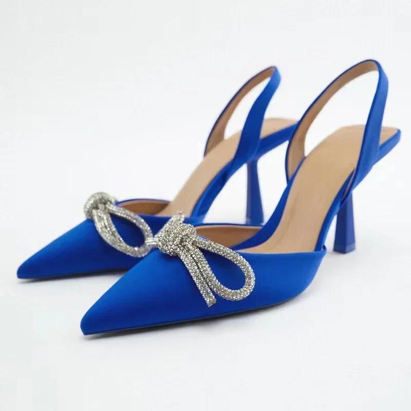 Fashion 2025 Women Blue Slingback Pumps High Heels Crystal Bowknot Party Dress Shoes  Sexy Pointed Toe Stiletto Heel Sandals Summer