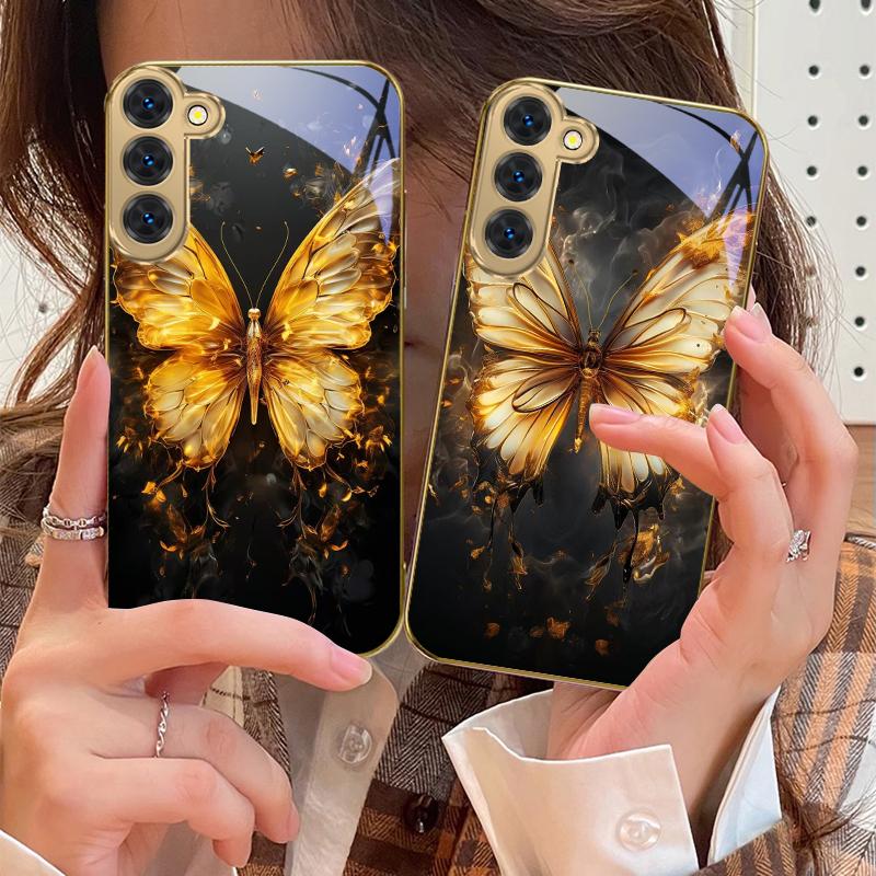 Flammen Warmes Schmetterling Für Samsung Galaxy S20 FE S21 S22 S23 Plus S24 Ultra 25Ultra S21+ S9+ S22Plus Goldene Glas Handyhülle