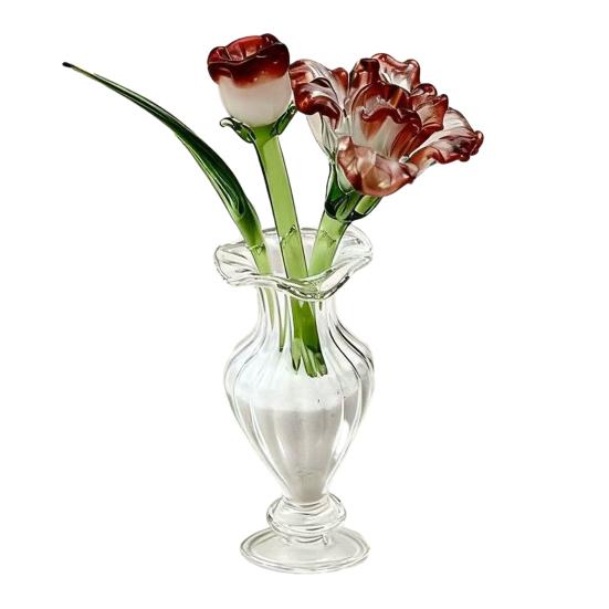 Mini Glass Flower Figurine Hand Blown Small Faux Crystal Carnation/Lily/Peony Flower Bouquet In Vase for Mother's Day Birthday Table Centerpiece
